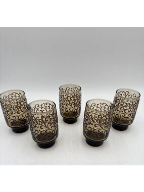 Vintage 1970's Libbey Brown Scroll Pedistal Tumblers Glasses in a Set of 5 Retro